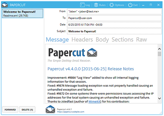 papercut smtp email mime sections