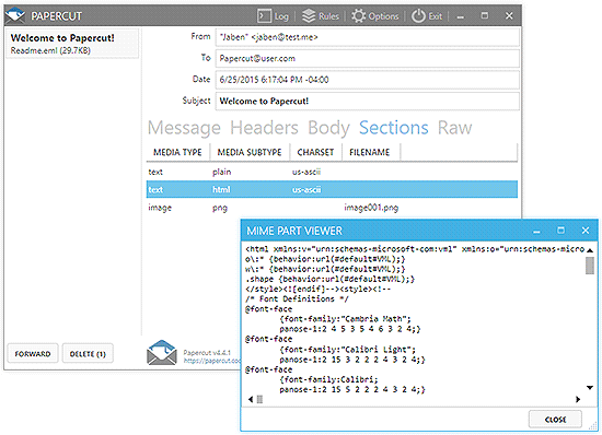 papercut email smtp test functionality development returns raw version during